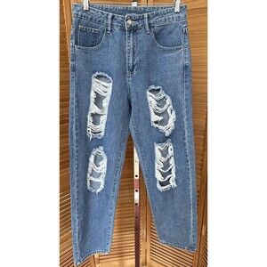 Shein Women's High-Waisted Distressed Ripped Straight Leg Blue Jeans Size Medium